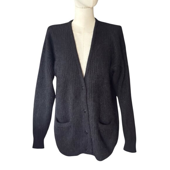 Vintage Rafaella Angora Blend Black Fuzzy Soft Button Up Cardigan Women's M - Picture 1 of 8